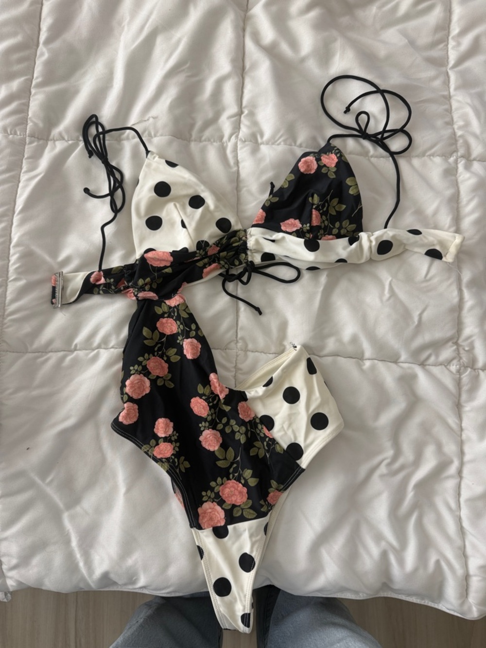 For Love And Lemons Black & White Polka Dot and Pink Floral One-Piece Swimsuit